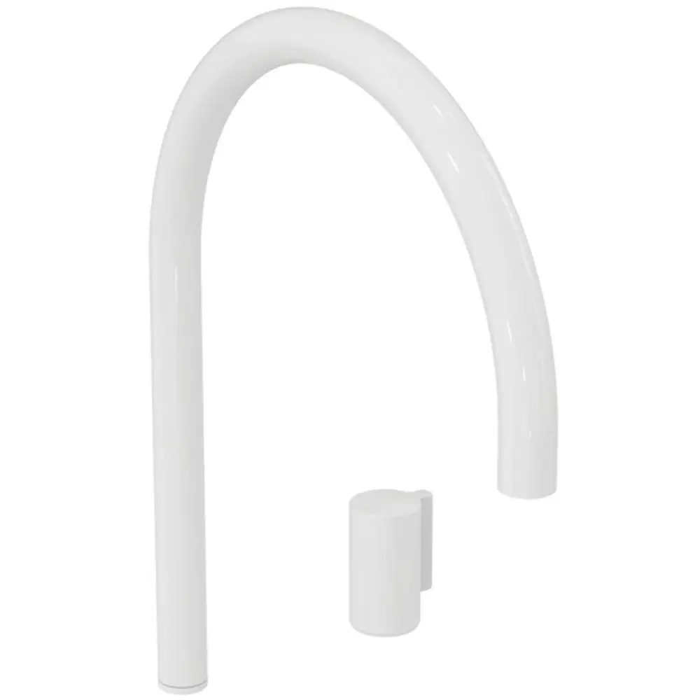 Waschtischarmatur in Weiß mit hohem Auslauf, gefertigt von Ideal Standard. Das Design ist rund und ohne Ablaufgarnitur.